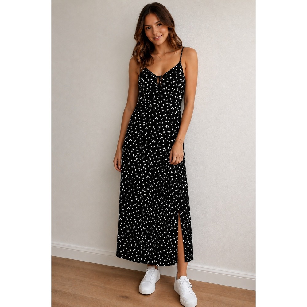 Hollister Black Ditsy Floral Midi Slip Dress Womens Small Tie Front Boho Chic